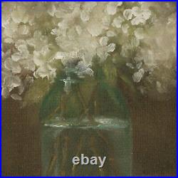 Dainty White Hydrangea Debra Sepos original oil 5 x 7 vintage jar still life