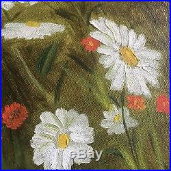 Daisies Mid Century Painting Signed Wild Flower Meadow Wood Frame 1972 Vintage