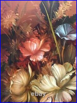 Dutch Oil Painting On Wood. Still Life Of Flowers In A Beautiful Gold Frame