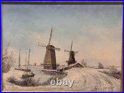 Dutch Winter Windmills Original Signed Oil Painting, Rare Vintage Art Gifts