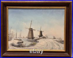 Dutch Winter Windmills Original Signed Oil Painting, Rare Vintage Art Gifts Dutch Winter Windmills Original Signed Oil Painting, Rare Vintage Art Gifts