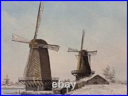 Dutch Winter Windmills Original Signed Oil Painting, Rare Vintage Art Gifts