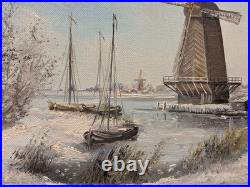 Dutch Winter Windmills Original Signed Oil Painting, Rare Vintage Art Gifts Dutch Winter Windmills Original Signed Oil Painting, Rare Vintage Art Gifts