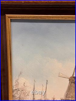 Dutch Winter Windmills Original Signed Oil Painting, Rare Vintage Art Gifts Dutch Winter Windmills Original Signed Oil Painting, Rare Vintage Art Gifts