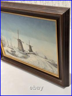Dutch Winter Windmills Original Signed Oil Painting, Rare Vintage Art Gifts