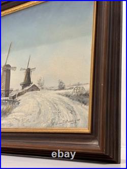 Dutch Winter Windmills Original Signed Oil Painting, Rare Vintage Art Gifts
