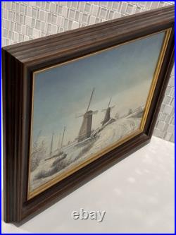 Dutch Winter Windmills Original Signed Oil Painting, Rare Vintage Art Gifts Dutch Winter Windmills Original Signed Oil Painting, Rare Vintage Art Gifts