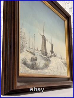 Dutch Winter Windmills Original Signed Oil Painting, Rare Vintage Art Gifts