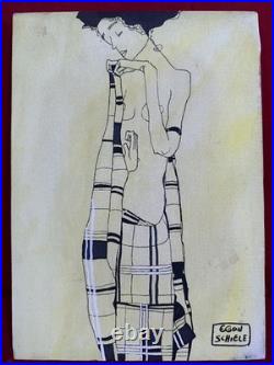 EGON SCHIELE oil painting on canvas, vtg stamped signed