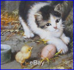 Edoardo Cerrone Signed Pair of Italian Vintage Cat Oil On Board Paintings