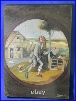 El bosco oil painting on canvas, vtg stamped signed