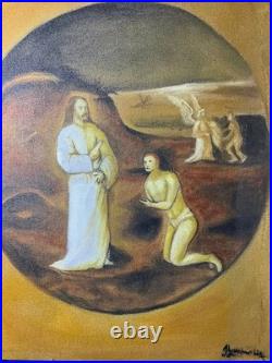 El bosco oil painting on canvas, vtg stamped signed