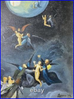 El bosco oil painting on canvas, vtg stamped signed