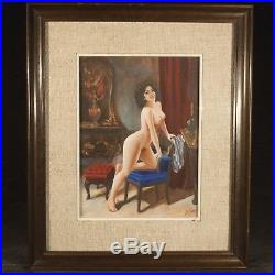 Erotic painting VINTAGE nude sexy woman ITALIAN Signed Art oil on canvas FRAMED