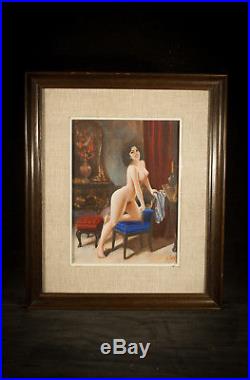 Erotic painting VINTAGE nude sexy woman ITALIAN Signed Art oil on canvas FRAMED