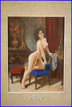 Erotic painting VINTAGE nude sexy woman ITALIAN Signed Art oil on canvas FRAMED