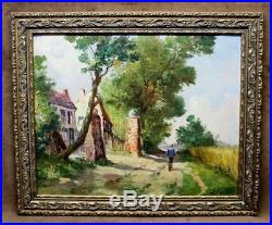 Estate Found Framed Vintage Oil Painting on Canvas Man Walking Home, Signed