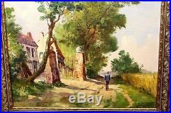 Estate Found Framed Vintage Oil Painting on Canvas Man Walking Home, Signed