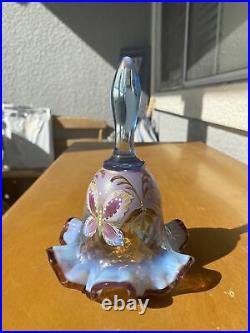 FENTON Bell Iridescent Blue Hand-Painted Butterflies Signed Numbered Purple Trim