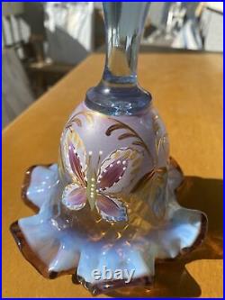 FENTON Bell Iridescent Blue Hand-Painted Butterflies Signed Numbered Purple Trim