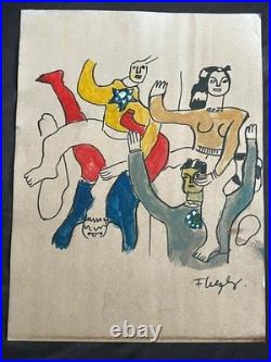 FERNAND LEGER drawing and painting on old paper signed stamped vintage