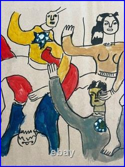FERNAND LEGER drawing and painting on old paper signed stamped vintage