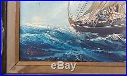 FLIPPER SHIP Yacht Sail Boat Old Vintage Oil Painting Canvas Signed Framed