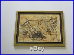 Favs Signed MID Century Modern Drawing Abstract Cubist Cubism Cat Animal Vntg