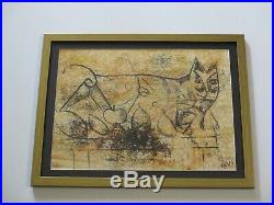 Favs Signed MID Century Modern Drawing Abstract Cubist Cubism Cat Animal Vntg