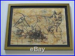 Favs Signed MID Century Modern Drawing Abstract Cubist Cubism Cat Animal Vntg