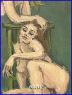Female Portrait Nude Original Vintage Oil Painting Hand Made, Signed