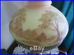 Fenton Burmese Student Lamp Mountains & Trees Hand Painted Signed Vintage 3 Way