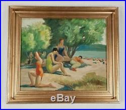 Finest MARIO MAURO Vintage 1950s Beach Scene Figures Bathers Oil Painting WPA