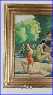 Finest MARIO MAURO Vintage 1950s Beach Scene Figures Bathers Oil Painting WPA