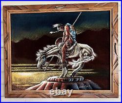 Framed End Of The Trail Velvet Painting Ernesto Sanchez Signed Native Art Vtg