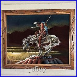 Framed End Of The Trail Velvet Painting Ernesto Sanchez Signed Native Art Vtg