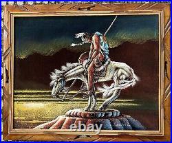 Framed End Of The Trail Velvet Painting Ernesto Sanchez Signed Native Art Vtg