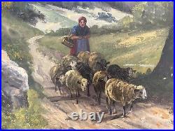 Framed Vintage Original Oil on Canvas -Landscape Pastoral Shepherd Sheep -Signed