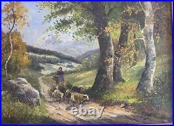 Framed Vintage Original Oil on Canvas -Landscape Pastoral Shepherd Sheep -Signed