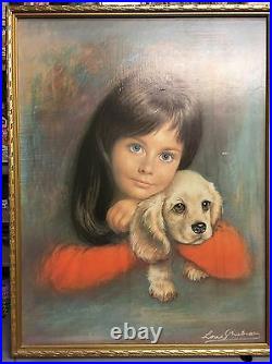 Framed Vintage, retro, 1960's portrait of a girl and a dog print. Signed