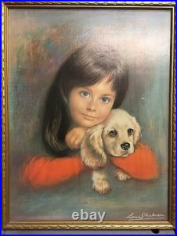 Framed Vintage, retro, 1960's portrait of a girl and a dog print. Signed