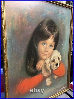 Framed Vintage, retro, 1960's portrait of a girl and a dog print. Signed
