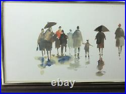 Fred Leach 1924-2006 Vintage Watercolor People In The Rain Signed As Pictured