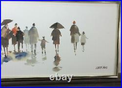 Fred Leach 1924-2006 Vintage Watercolor People In The Rain Signed As Pictured