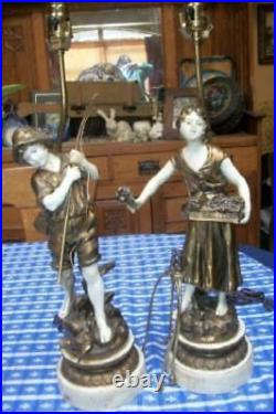 French Moreau Figural Lamps Couple Spelter Original Finish Great Detail Signed