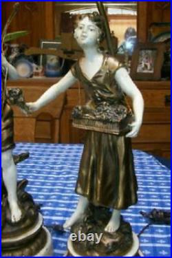 French Moreau Figural Lamps Couple Spelter Original Finish Great Detail Signed