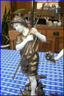 French Moreau Figural Lamps Couple Spelter Original Finish Great Detail Signed