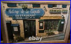 French Restaurant Aubrege Signed Stan Beckman Copy Large Oil Painting Frame Vtg