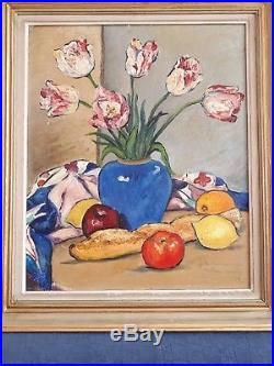 French oil original painting still life flowers 1958 signed vintage antique 1