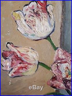 French oil original painting still life flowers 1958 signed vintage antique 1